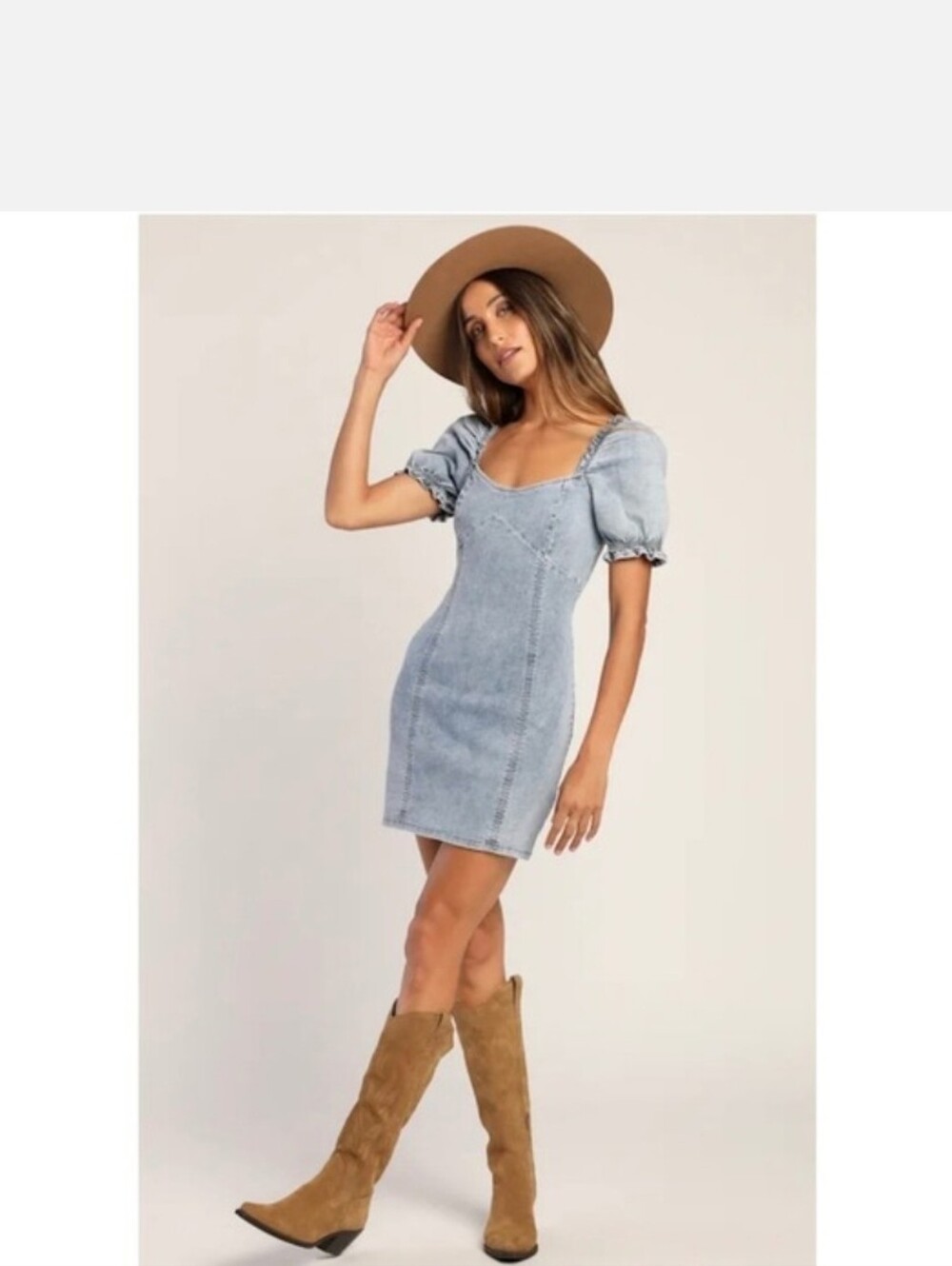 Lulus Light Wash Denim Puff Sleeve Mini Dress Milkmaid Cottagecore Western XS